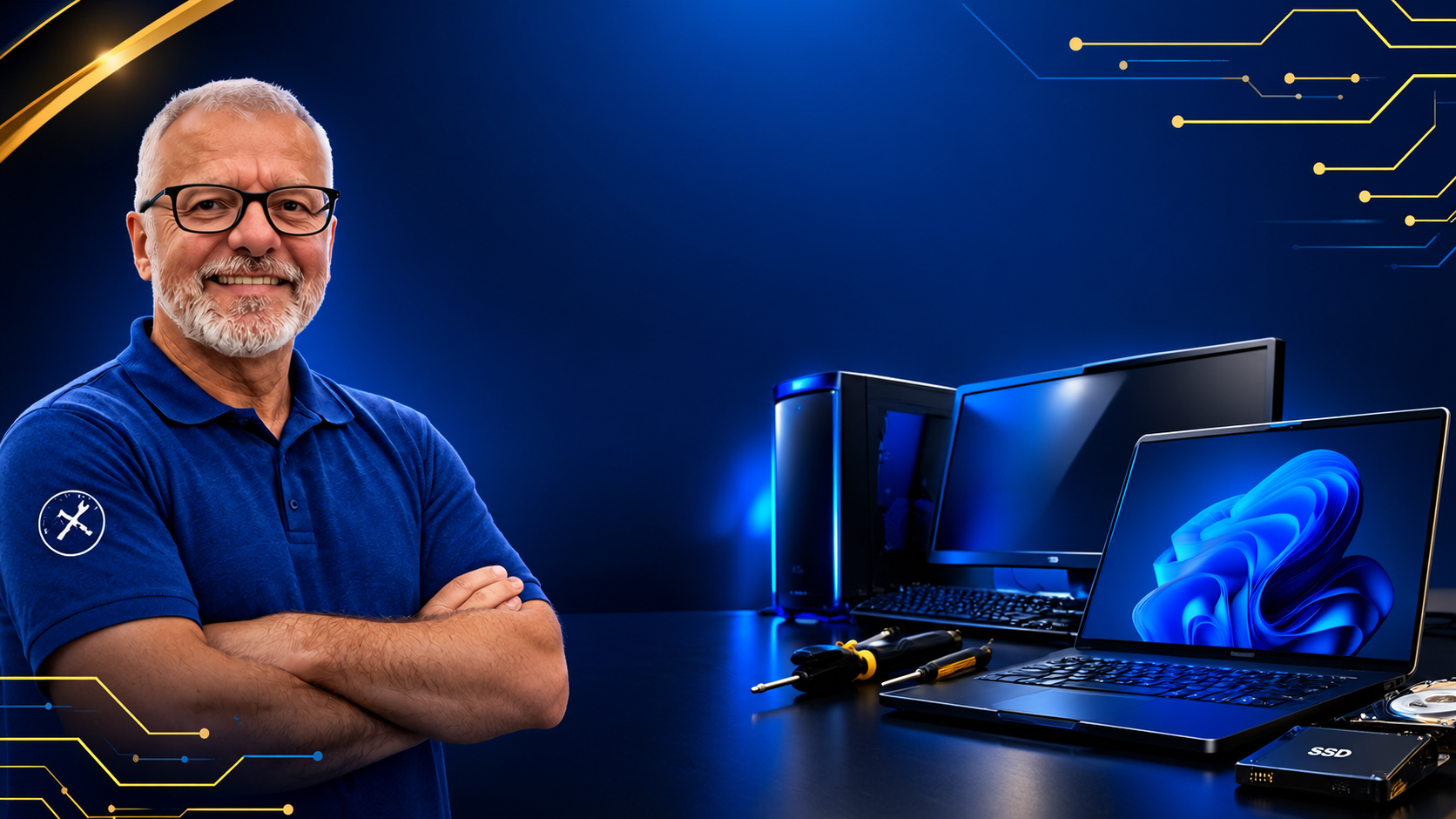 Técnico da Informática Araújo com computadores e ferramentas